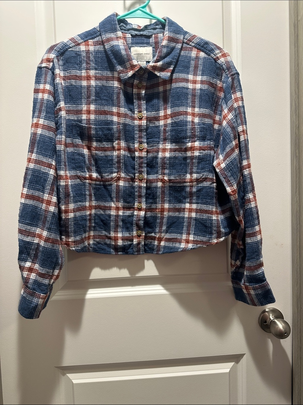 American Eagle Outfitters Blue, White & Brown Plaid Button-Down Shirt